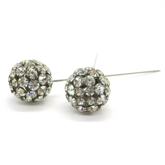 Vintage Rhinestone Cluster Ball Hat Pins Corsage Pins Silver-Tone Metal Set Of 2 - Picture 3 of 10